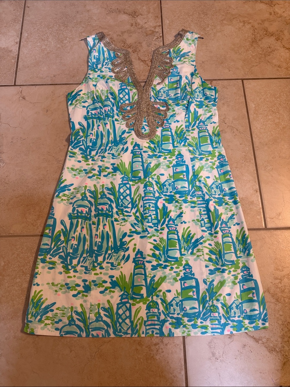 Lilly Pulitzer Pastel Lighthouse Print Shift Dress in Teal, Pink & Green